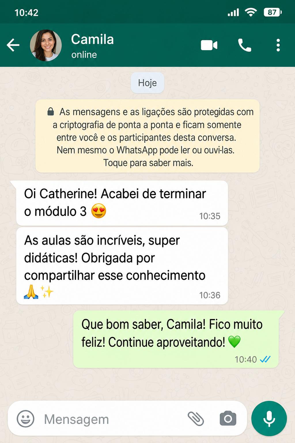 Depoimento de aluna no WhatsApp 1